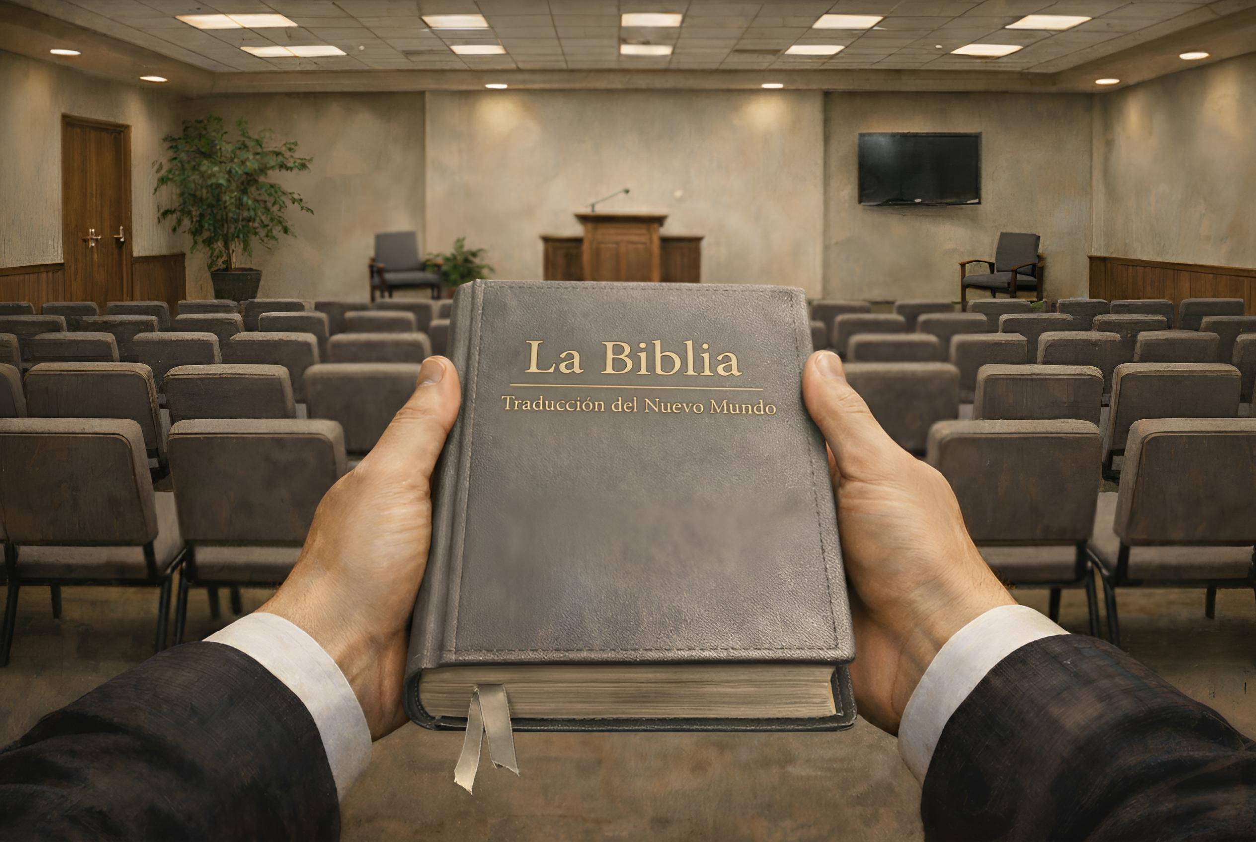 Ilustración de la biblia TNM en un salón del reino.