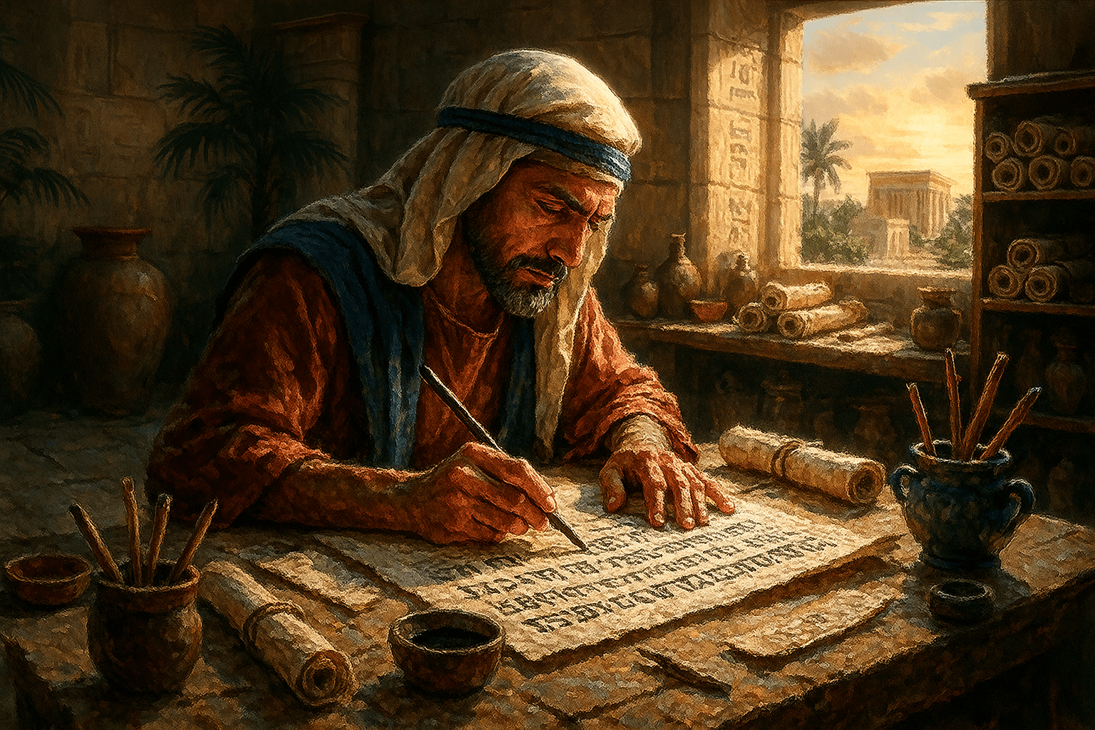 Ilustración de un escriba antiguo escribiendo en un rollo de papiro.
