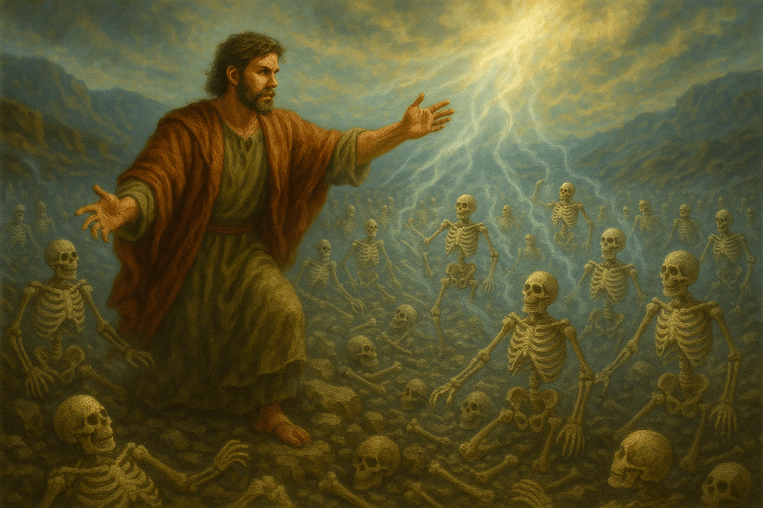 Ilustración de Ezequiel profetizando a los huesos.
