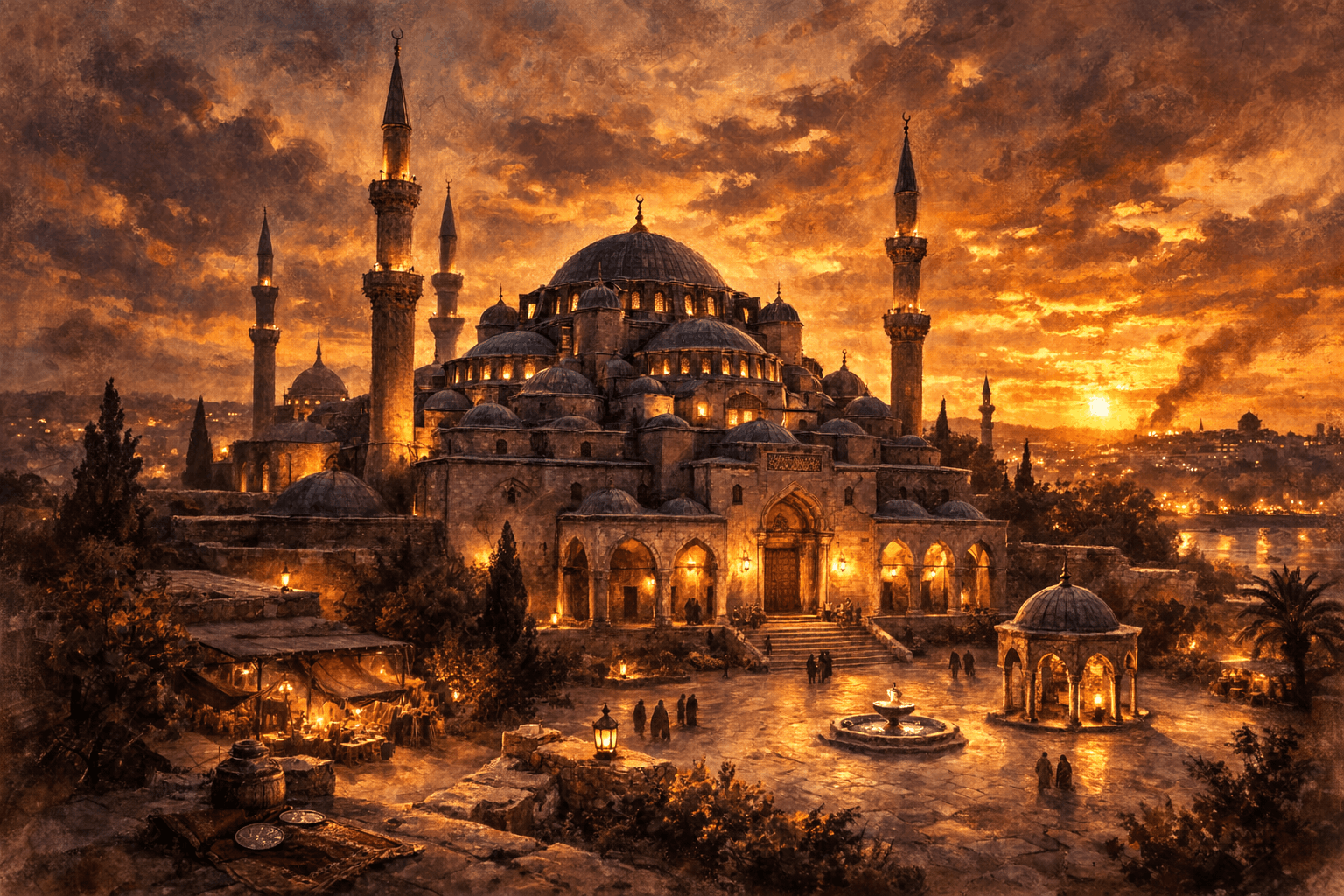 Ilustración una Gran Mezquita con cúpulas y minaretes al atardecer, con luces sutiles comenzando a encenderse.