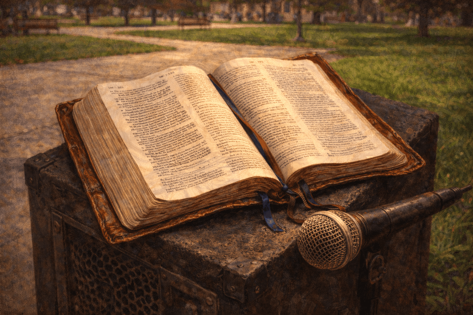 Ilustración una biblia, un parlante y un microfono para la predicación.