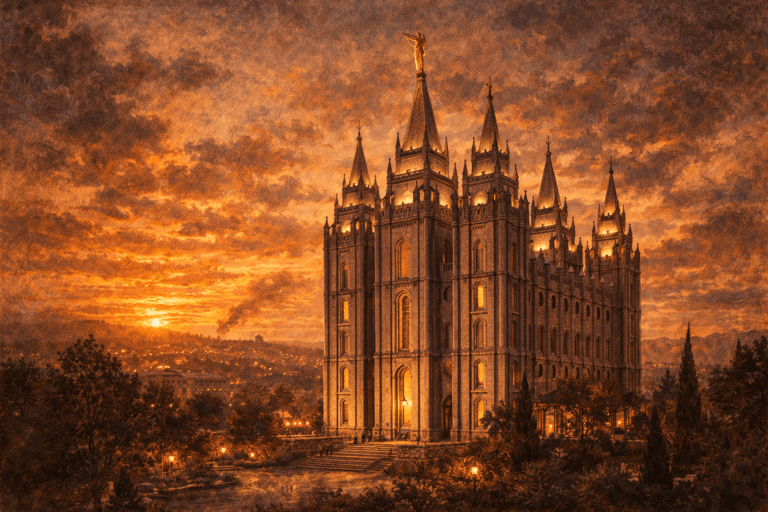 El Templo de Salt Lake City con sus agujas y la estatua dorada del Ángel Moroni tocando la trompeta en la cima.