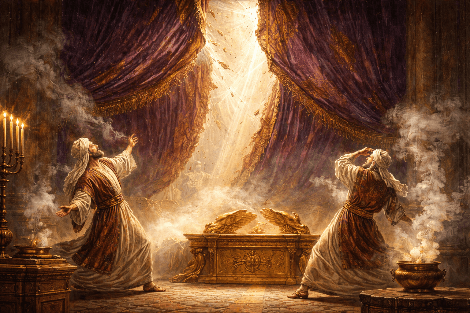 Ilustración del velo del templo rasgandose tras la muerte de Jesús.